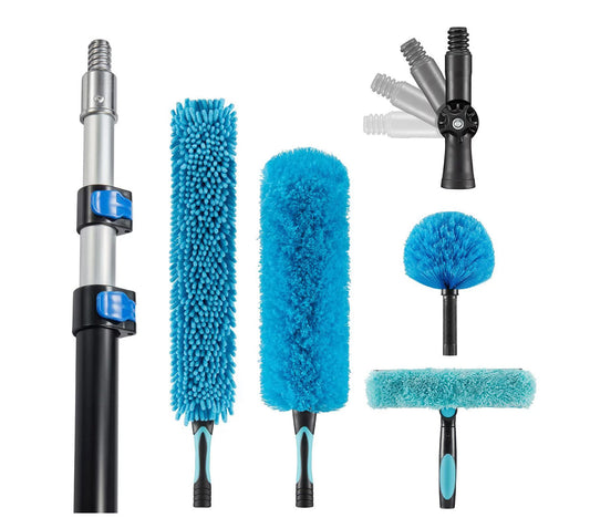 30 Foot High Ceiling Fan Duster with 6-18 Foot Extension Pole, Extendable Reusable Cobweb, Feather, Window Cleaning Squeegee Kit