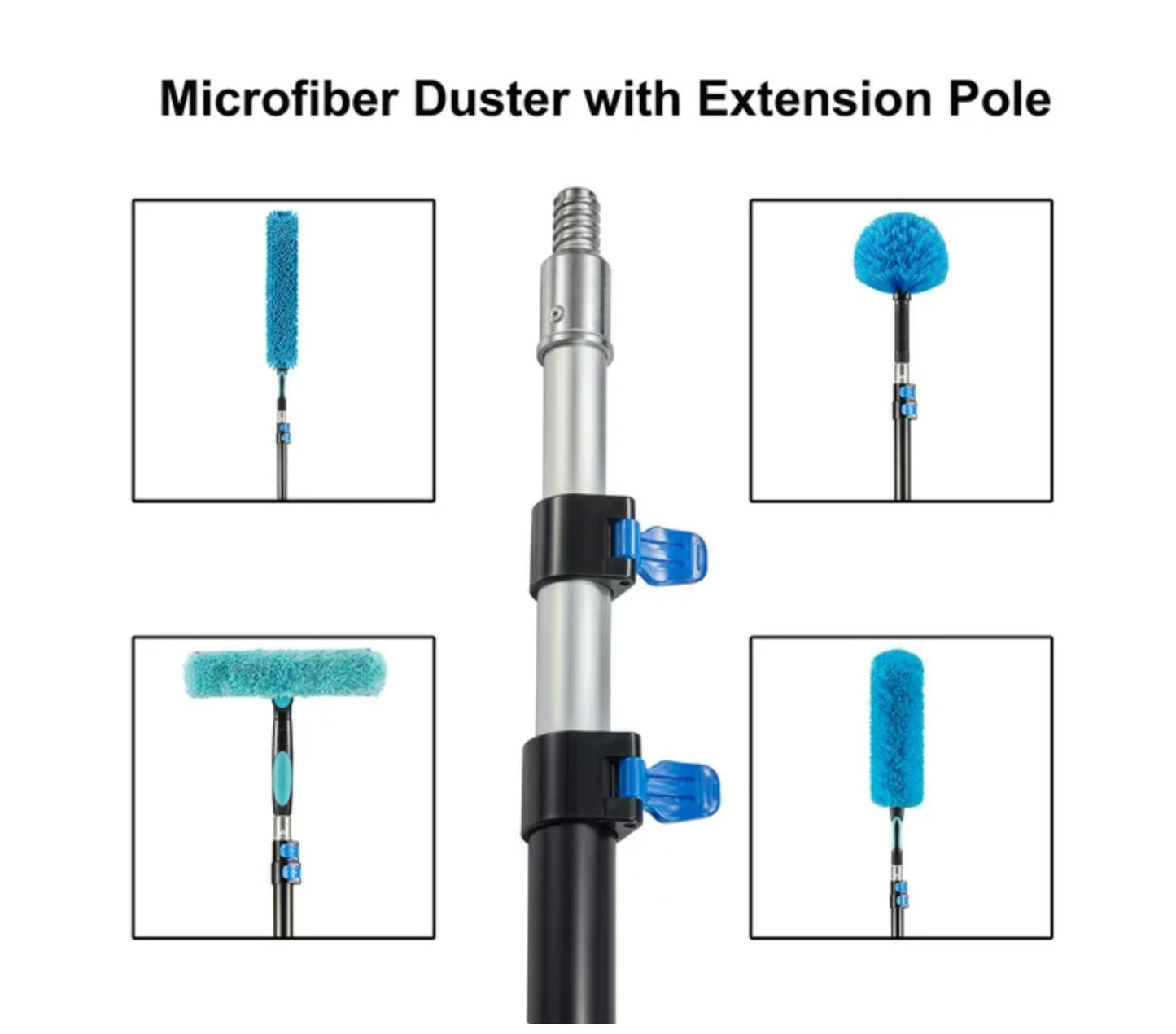 20 Foot High Ceiling Fan Duster with 5-12 Foot Extension Pole, Extendable Reusable Cobweb, Feather, Window Cleaning Squeegee Kit